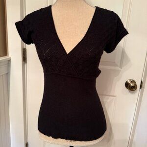 CATHERINE MALANDRINO SWEATER V-NECK SURPLICE BLACK SHORT SLEEVE SIZE S